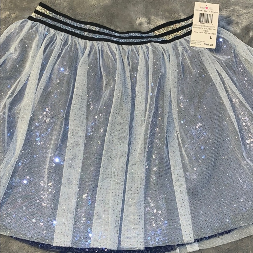 Girls Kandy Kiss Sequins Mesh Silver Navy Skirt - Picture 1 of 8